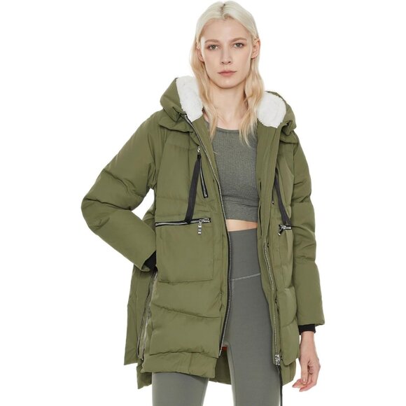 Women's Thickened Green Clothing Down Vest Jacket Warm Fleece Lined Hood Coat